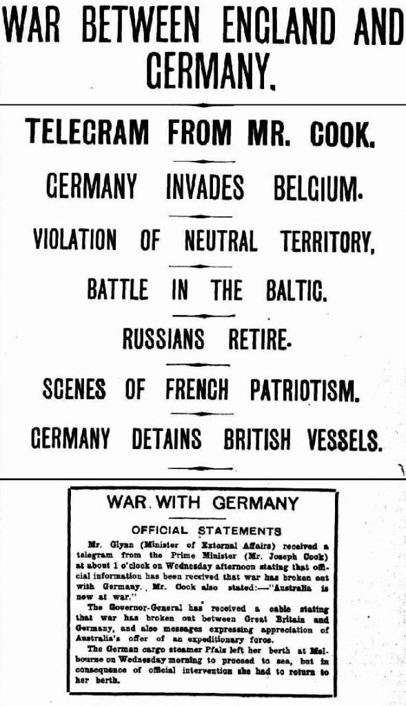 WAR BETWEEN ENGLAND AND GERMANY. (1914, August 6) The Advertiser (Adelaide, SA) p. 8. Newspaper article found in Trove reproduced courtesy of the National Library of Australia.