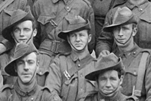 Enlargement. CSM A.S. Duncan, centre.  Seated in front of Andy on the left of frame is  Corporal Reginald Roy Inwood, who was awarded the Victoria Cross for his actions at Polygon Wood in September 1917. Andy and Reg were both 'original' 1914 Anzacs from Broken  Hill.