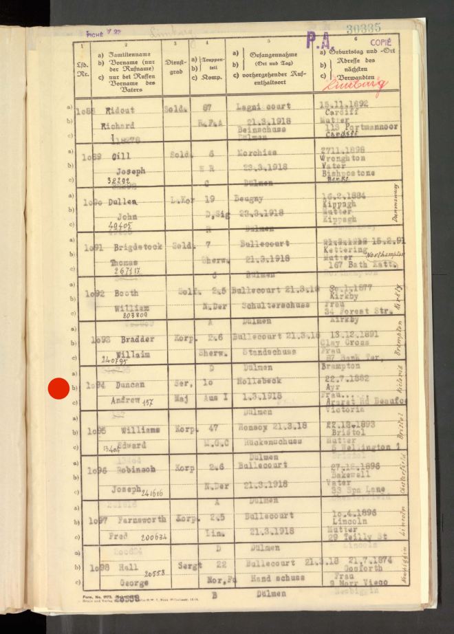Andy Duncan's prisoner registration at Dülmen P.O.W. camp. http://grandeguerre.icrc.org