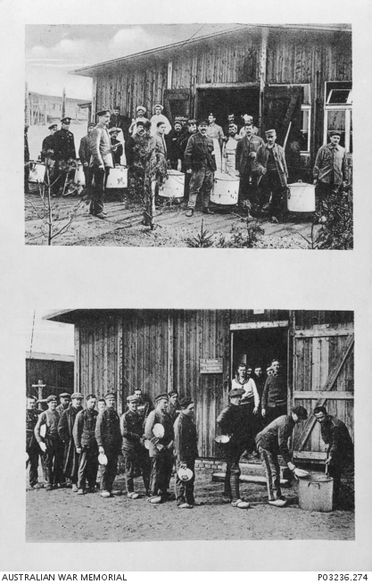 Prisoner's meals, Dülmen P.O.W. camp. The top photograph shows the large containers of food being carried from the kitchens and the lower photograph shows the serving of food to the POWs. Australian War Memorial Collection P03236.274