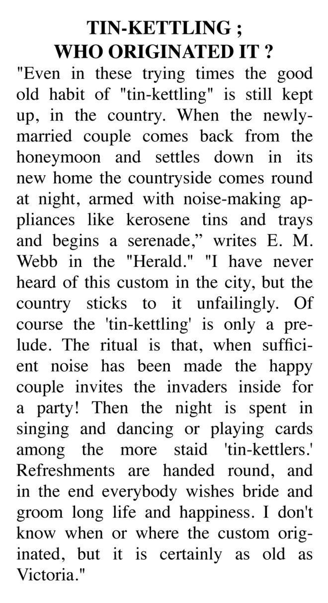 ‘TIN-KETTLING; WHO ORIGINATED IT?.’ The Horsham Times, 2 October 1942, p.2. Reproduction of newspaper article found in Trove. Courtesy of the National Library of Australia.